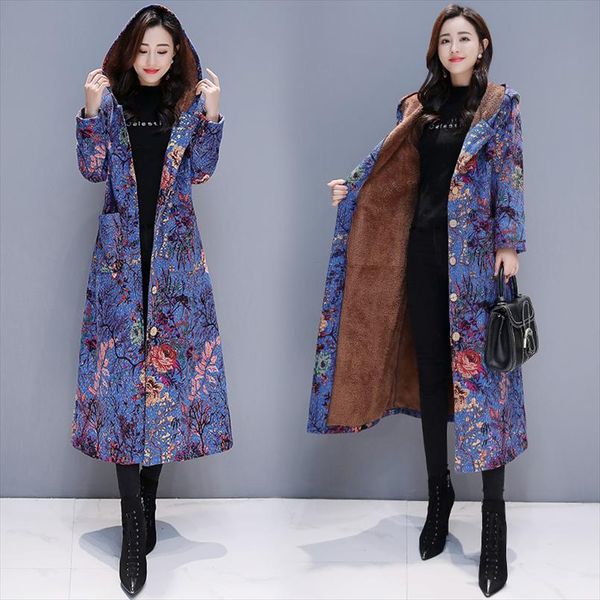 

2020 new autumn winter cotton linen clothes retro printing plus velvet cotton jacket long women large size loose plush coat xa29, Black