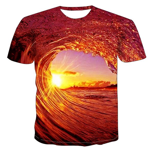 

3d sunset afterglow wave digital printing summer european and american 3d print shirts oversized hentai hentai men clothing