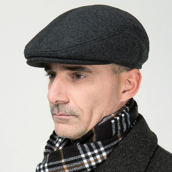 

new winter wool men beret cap hats with earflap vintage newsboy tweed flat cap british western style warm russia snow peaked hat t200323, Blue;gray