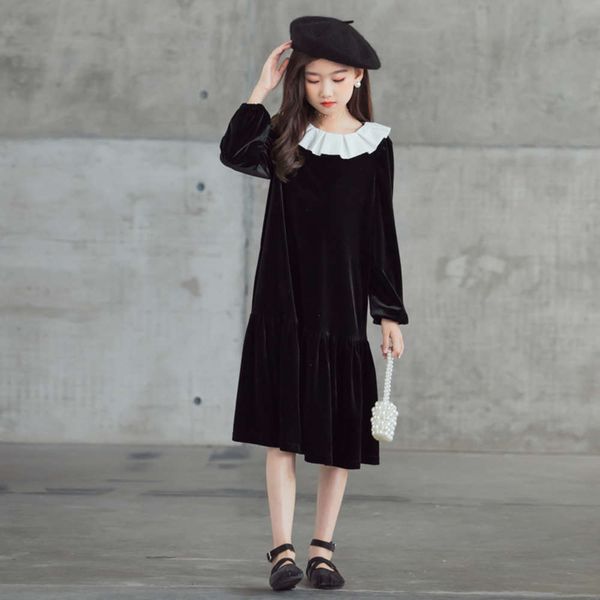 

2020 korean new ruffle collar black drs middle school children's autumn winter long sve girl's skirt, Red;yellow