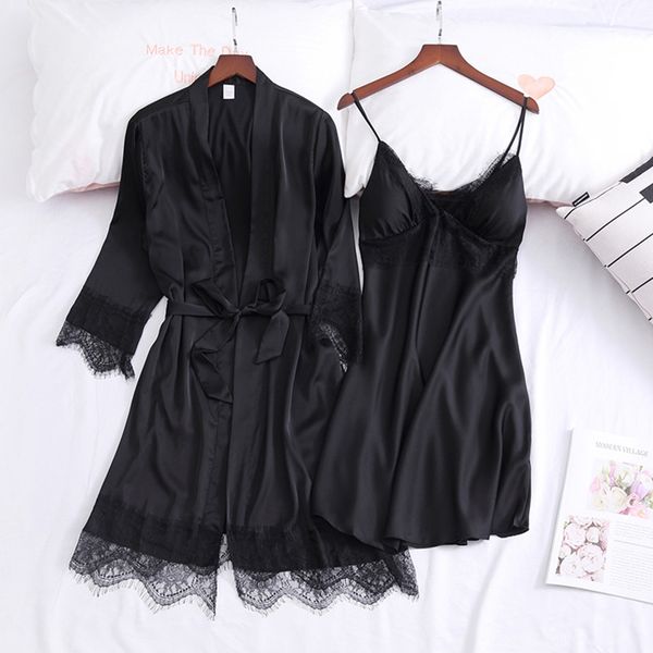 

2021 new women's spring summer silk pijamas sets solid female nightgowns v neck with lace sleepwear short night dress avm3, Black;red