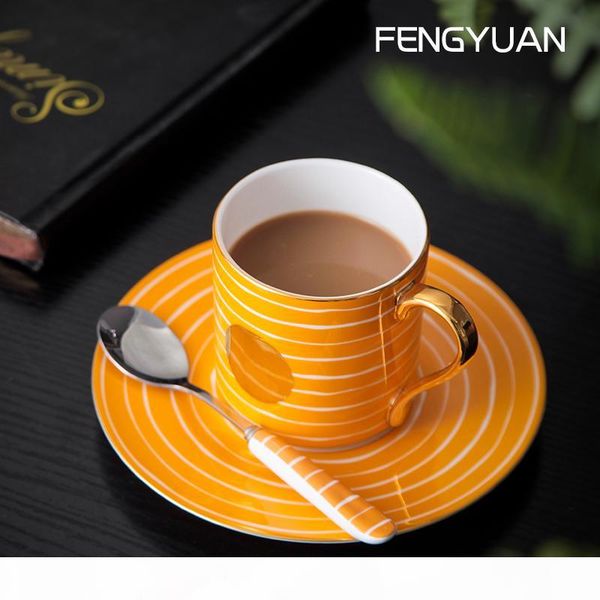 

irregular striped coffee cup set high-end home-style european coffee mug saucer hand-drawn gold dot bone china