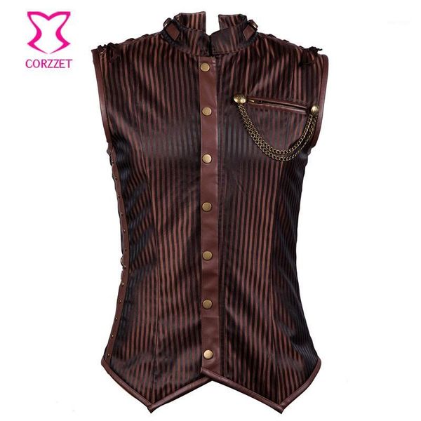 

brown striped stand collar sleeveless vintage waistcoat vest men jacket steampunk clothing 6xl plus size mens gothic jackets1, Black;brown