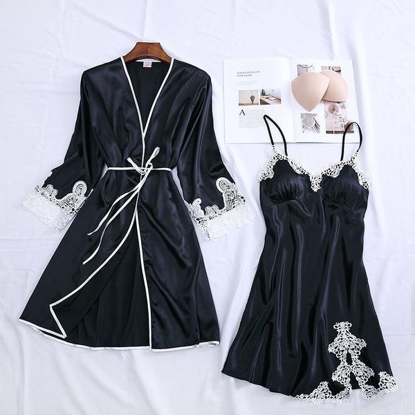 

black women rayon night robe strap pajamas summer two piece sleepwear sets casual home wear nightwear sleep kimono bath gown1, Black;red