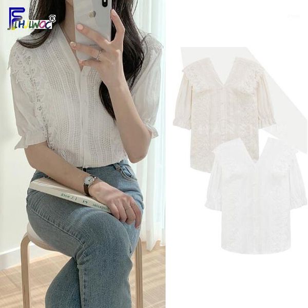 

woman vintage summer short sleeve white tassel hollow out crochet lace korea japan style preppy v neck blouse shirt 56211