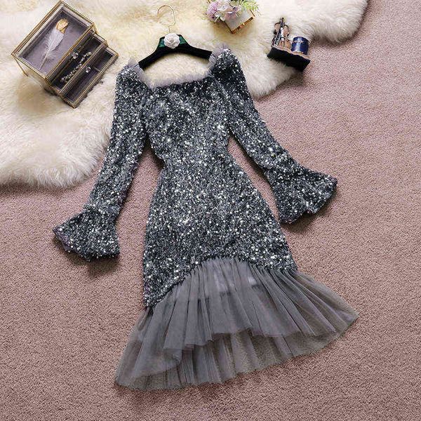 

women's clothing casual dresses net red sequin dresses 2022 winter style square neck ruffle sleeve splicing dr, Black;gray