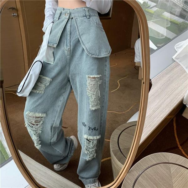 

torn holes in the pockets, high-rise loose-fitting straight jeans, fashionable streetwear, jeans1, Blue