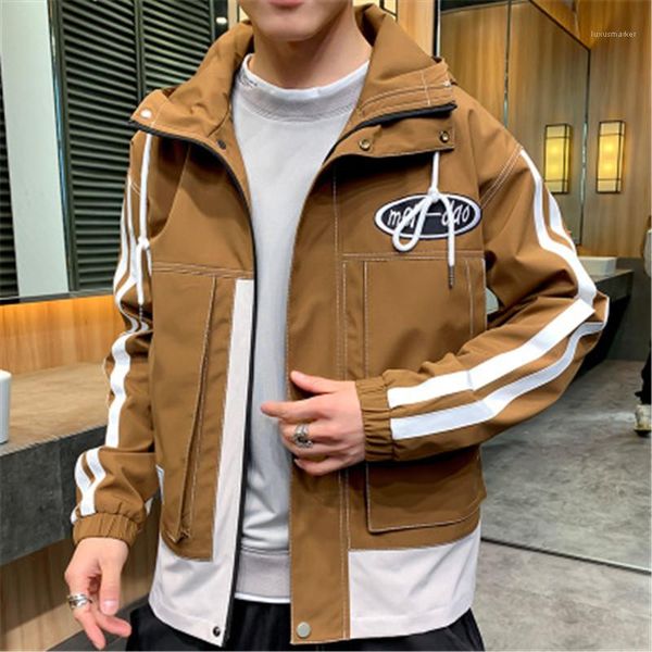 

winter male casual buttons stand collar jackets man zipper hooded jacket fashion trend long sleeve loose outerwear coats designer, Black;brown