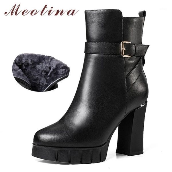 

boots meotina winter wool snow women natural genuine leather platform thick high heel ankle buckle zipper shoes lady 34-391, Black