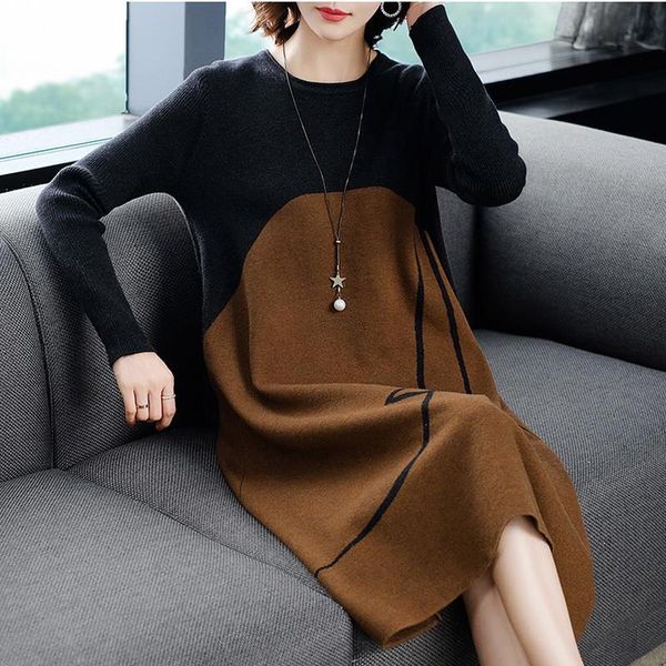 

plus size -4xl women pullover round neck long sleeves knit dress autumn winter patchwork casual female loose sweater dresses, Black;gray