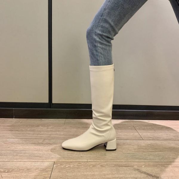 

boots mljuese 2021women knee-high stretch faric winter short plush beige color square toe high heels female size 40, Black