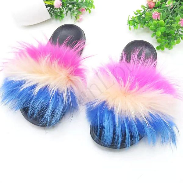 

wholesale raccoon fur slippers women fashion color matching plush slippers ladies fluffy slippers woman fur slides fur sandals, Black