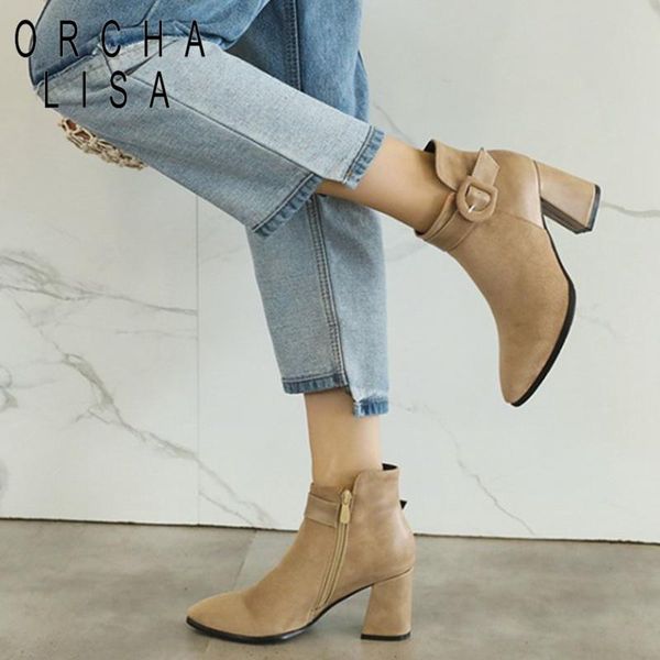 

orcha lisa women big size34-45 boots ankle boots buckle .5cm heels zip shoes woman black apricot female botas mujer c799