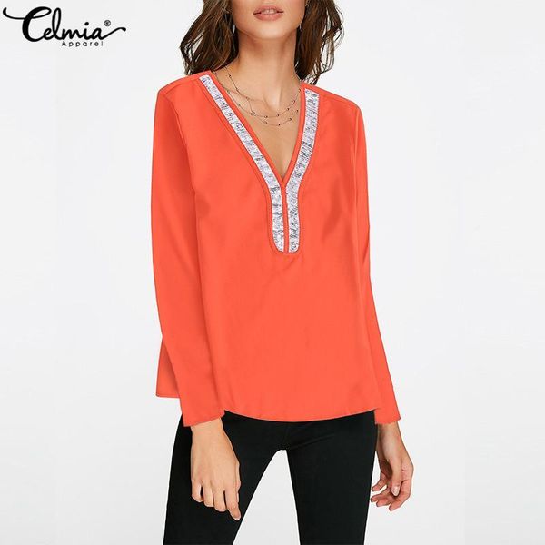 

fashion celmia v neck women sequins blouse autumn long sleeve shirt loose casual office blusas plus size tunic1, White