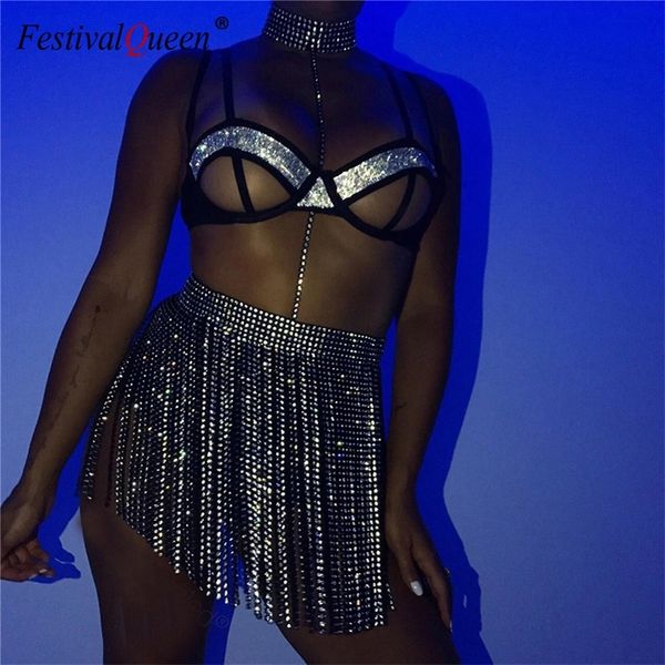 Siyah Parlak Tam Rhinestones Mini Etekler Uzun Püskül Kristal Elmaslar Patchwork Seksi Kadınlar Kulübü Rave Festivali Ince Etek Moda T200712