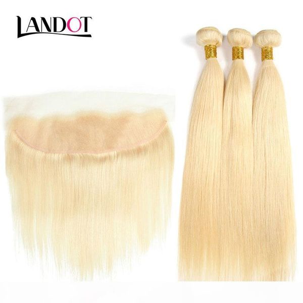 

9a grade 613# bleach blonde 13x4 lace frontal closures with 3 bundles brazilian peruvian indian malaysian straight virgin human hair weaves, Black