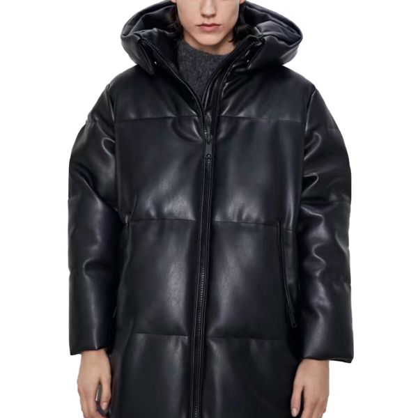 

[deat] loose fit leather brief warm woolen coat parkas new hooded long sleeve women fashion tide autumn winter 13u081 201225, Black