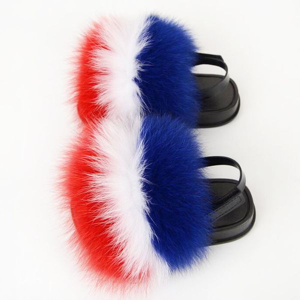 

new kids back strap fur sandals child fluffy slippers furry sandals fox fur slides kids plush raccoon fur shoes eu size 24-29, Black