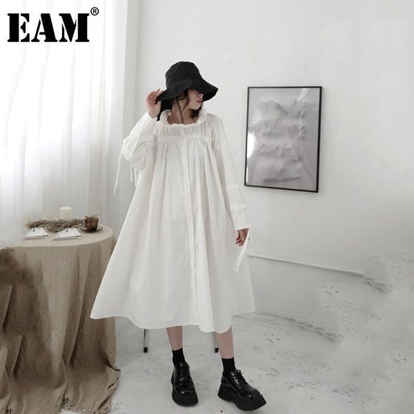 

eam] women white pleated drawstring big size dress new stand collar long sleeve loose fit fashion tide spring autumn 2020 1db141, Black;gray