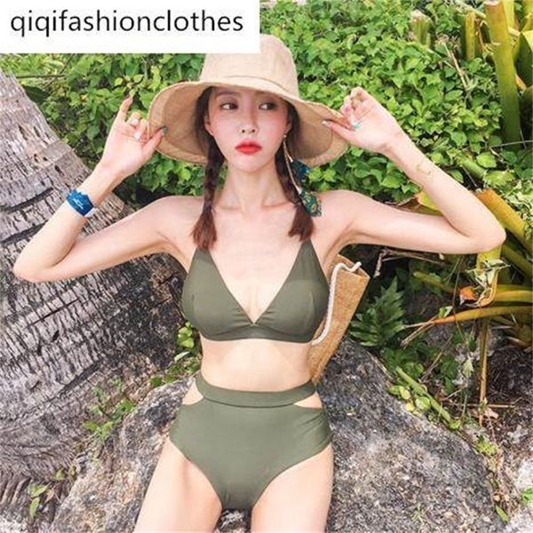 

south korea women's split high waist cover belly show thin swimsuit army green spring bikini, White;black