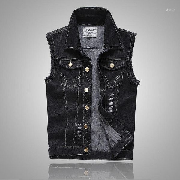 

plus size ripped black denim vest mens slim fit male jeans sleeveless jacket tank cowboy brand 5xl armhole style1, Black;white