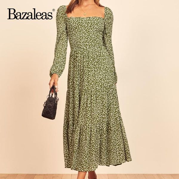 

casual dresses bazaleas fashion long sleeve women midi vintage green dot print ruffles dress france chiffon vestido, Black;gray