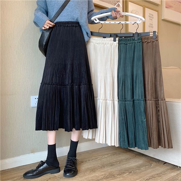 

autumn winter ladies vintage velvet skirts women elegant high waisted elastic skinny patchwork pleated a-line skirts for female y1214, Black