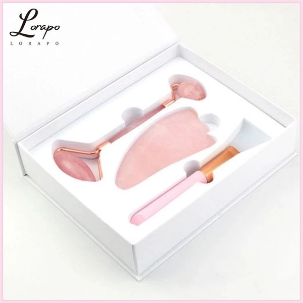 

rose quartz roller massager powder crystal jade scraper mask brush three-piece beauty face-lifting tool 220125