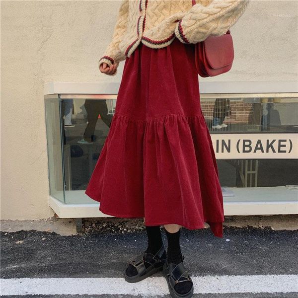 

vintage autumn winter corduroy skirt women all-match wine red midi long skirts female new street high waist ruffle a-line skirt1, Black