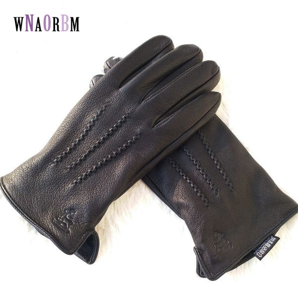 

new man deer skin leather gloves male warm soft men' glove black three lines design men mittens sheep hair lining 201020, Blue;gray