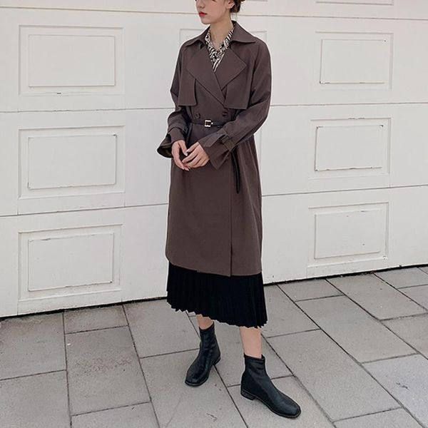 

elegant women loose trench coat female turn down collar autumn spring long outwear ladies high waist windbreaker for office lady, Tan;black