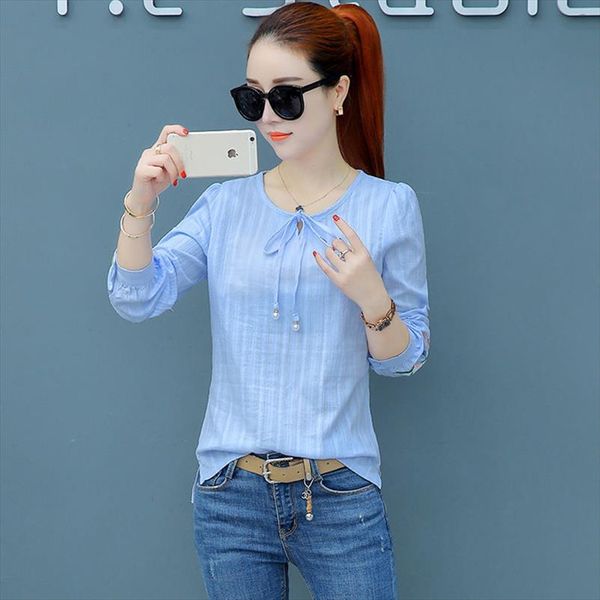 

женщины весна рубашка вышивка женщины блузки женские топы твердая повседневный ol цветочные печати blusas белый синий розовый tie dd2371, White