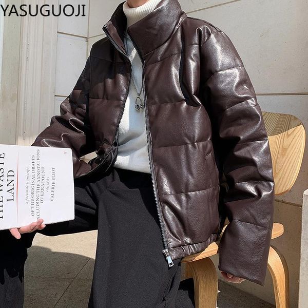 

men's down & parkas yasuguoji streetwear pu winter jackets for men fashion 2021 black outwear hip hop thicken warm windbreaker overcoat
