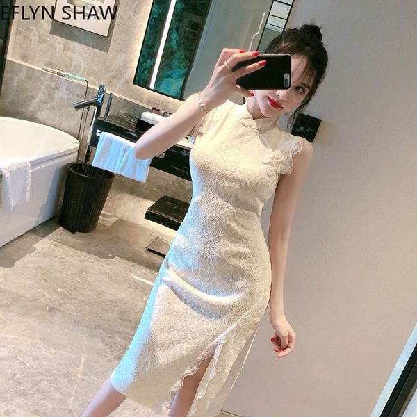 

2021 Sexy Girl Daily Modified Chinese Fashion Summer New Midi Length Lace Dressed Without Sleeves Cheongsam Slit Dress YDHV, Black;gray