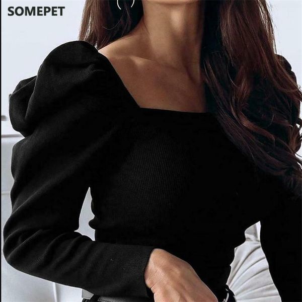 

ladies blouse knitted puff long sleeve round neck shirt casual slim fit soft blouse solid pullover three colors, White;black