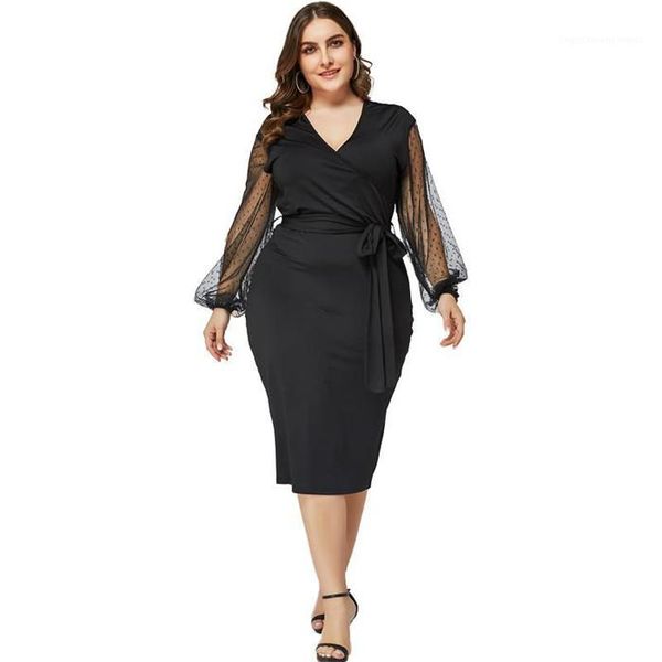 

mesh patchwork pencil dresses solid color high waist elegant women bodycon clothing black plus size dresses womens designer v neck
