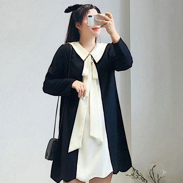 

korean style women black white preppy dresses spring bowknot design loose oversize high stretch one piece mini dress 2021, Black;gray