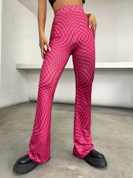 

checker print flared leg pants v4kh#, Black;white