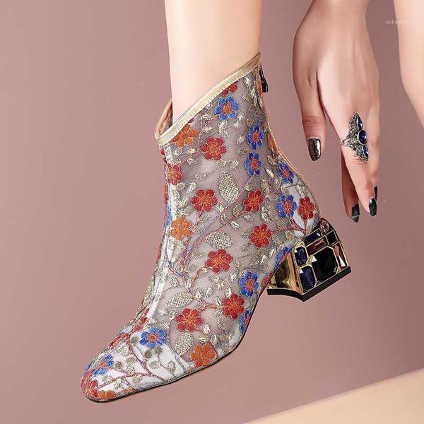

transparent high heel boots women summer 2020 mesh front zipper boots square heel short booties for women zapatos de mujer1, Black