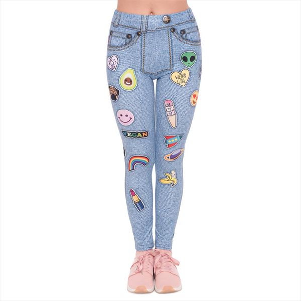 

fashion leggins mujer light blue jeans with patches printing legging feminina leggins fitness woman pants workout leggings, Black