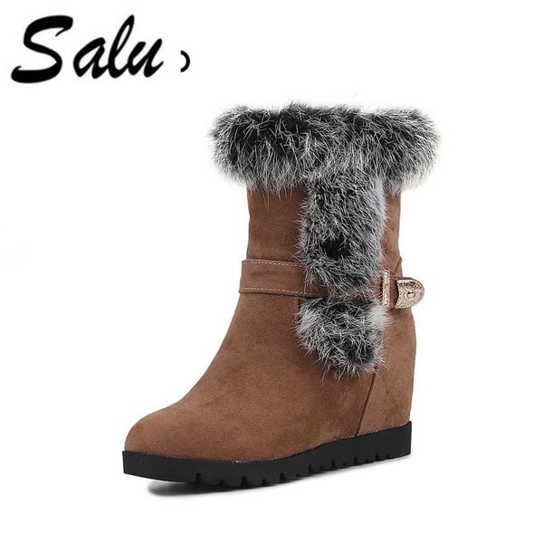 

salu 2020 new women winter boots fashion fur boots warm mid calf buckle snow platform height shoes, Black