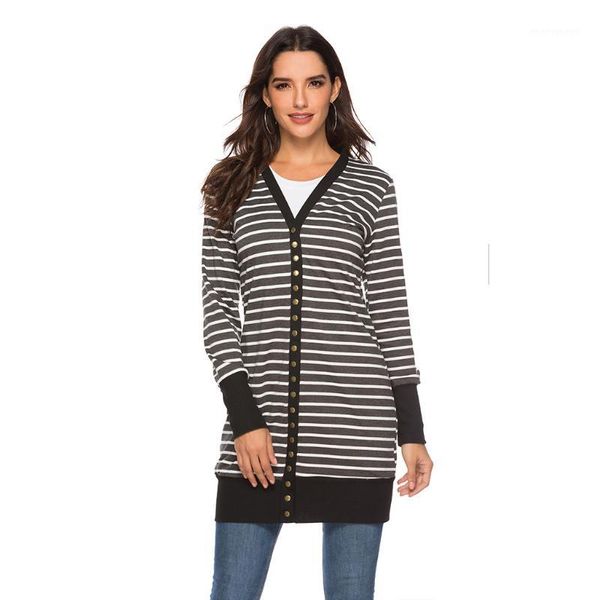 

2019 striped cardigan coat europe america large size ladies fashion long button striped coat spring summer long woman1, Tan;black