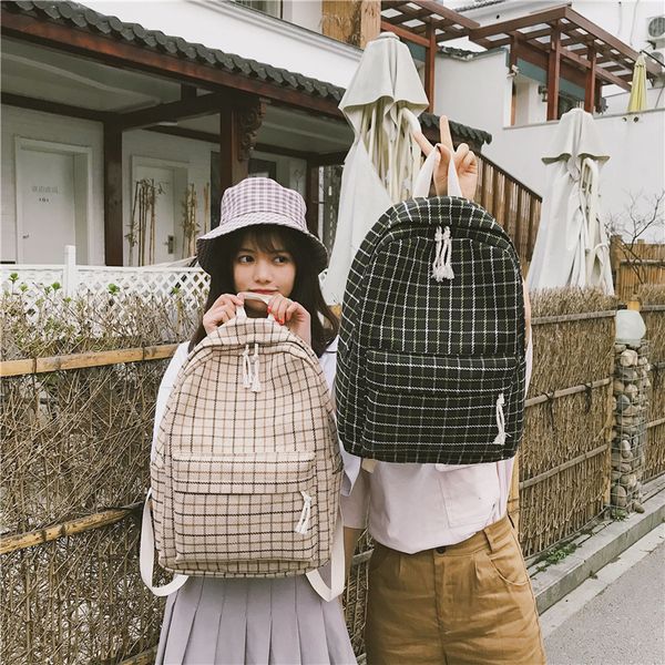 

2 pcs/set plaid pattern backpack student girl sweet simple canvas shoulders bag female fashion harajuku high-capacity school bag y0125
