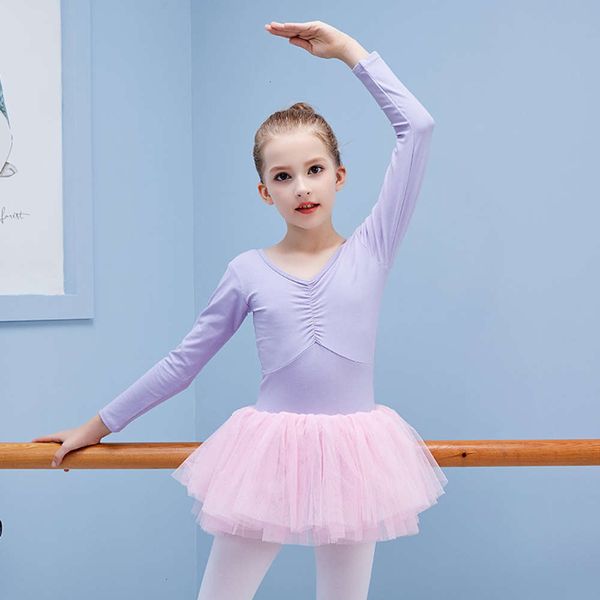 

mh children's performance lace poncho skirt elastic cotton girl's dance long sve ballet training drs, Blue