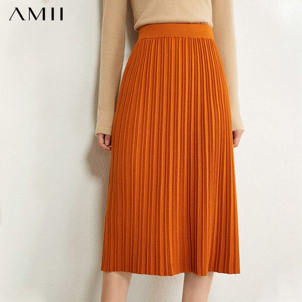 

amii minimalism autumn women skirt fashion solid loose knitted pleated women's skirt elastic waist female skirt 12040669 1014, Black