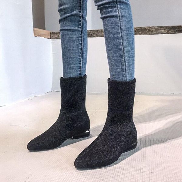 

ladies socking boots shiny pointed toe womens mid calf shoes autumn 2020 trendy girls soft boot, Black
