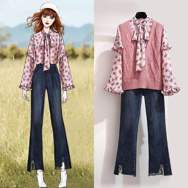 

sweater knitted vest 3 piece set women jeans pants set and chiffon floral shirt casual korean three piece outfits clothing1, White