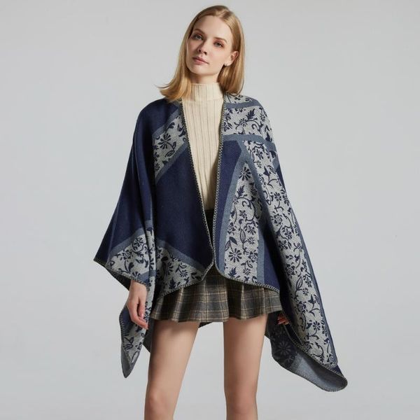 

New Korean version of women's shawl jacquard small broken flower imitation cashmere split cape air conditioning room warm cape, Blue;gray