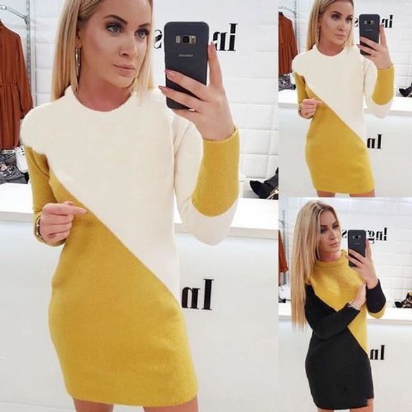 

2020 autumn and winter new fashion color matching two-color long sleeve round neck qiu winter skirt fashion skirtcasual dress 79smh, Black;gray