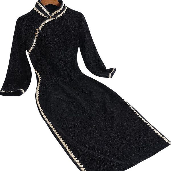 

chinese style elegant women cheongsam dress mandarin collar half sleeve knitted chipao split up women black party gothic dresses, Black;gray